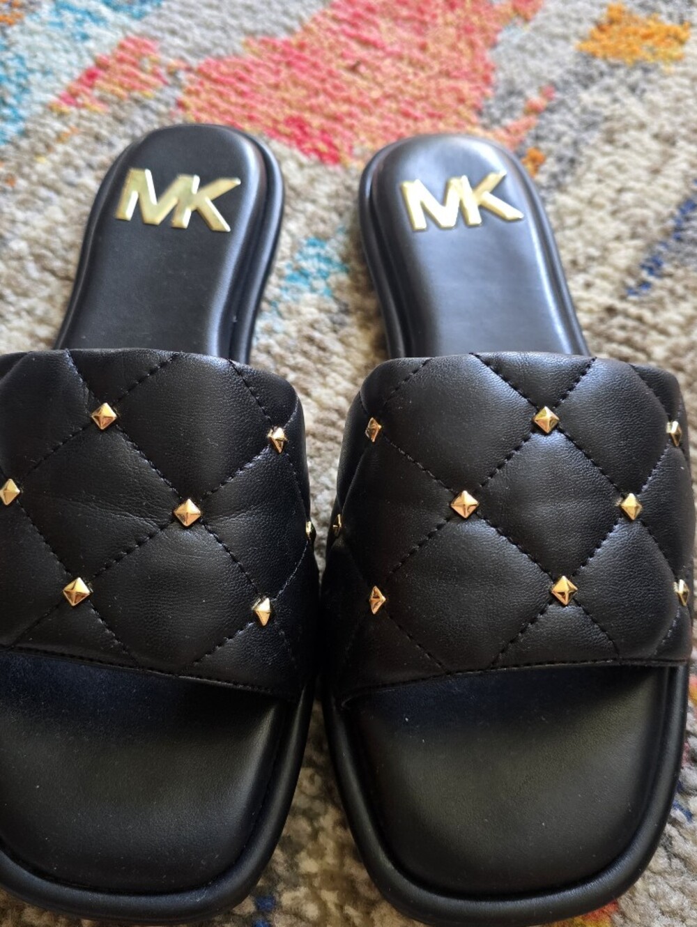 New Michael Kors Black Quilted Slide Sandals with Gold MK Emblem
